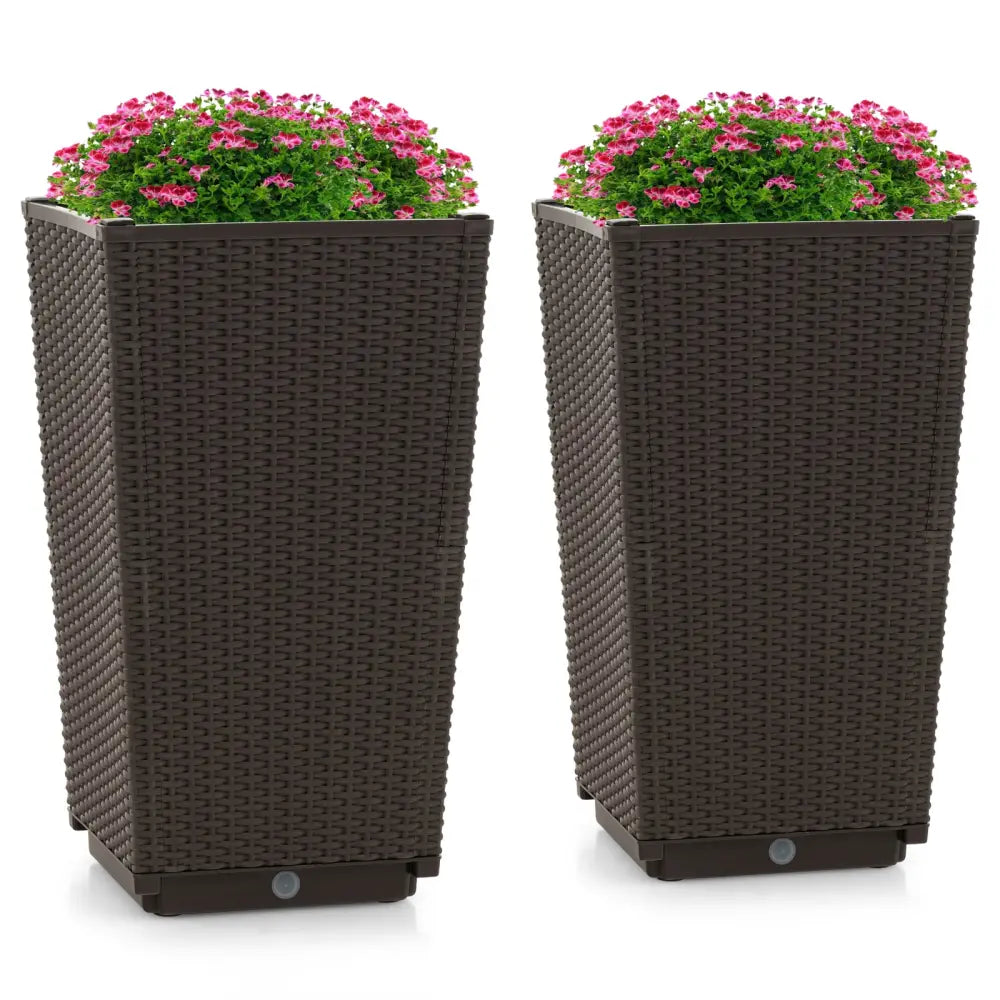 Outdoor Wicker Flower Pot Set of 2 with Drainage Hole for Porch Balcony-Brown - Brown - Raised Garden Beds