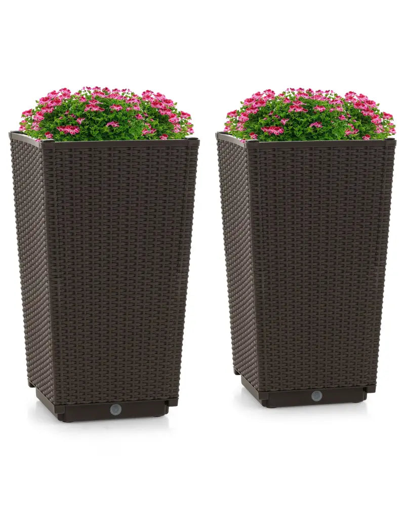 Outdoor Wicker Flower Pot Set of 2 with Drainage Hole for Porch Balcony-Brown - Brown - Raised Garden Beds