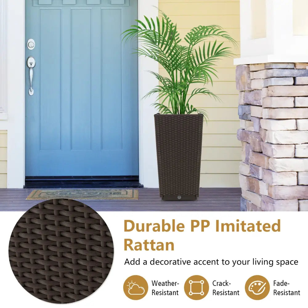Outdoor Wicker Flower Pot Set of 2 with Drainage Hole for Porch Balcony-Brown - Brown - Raised Garden Beds