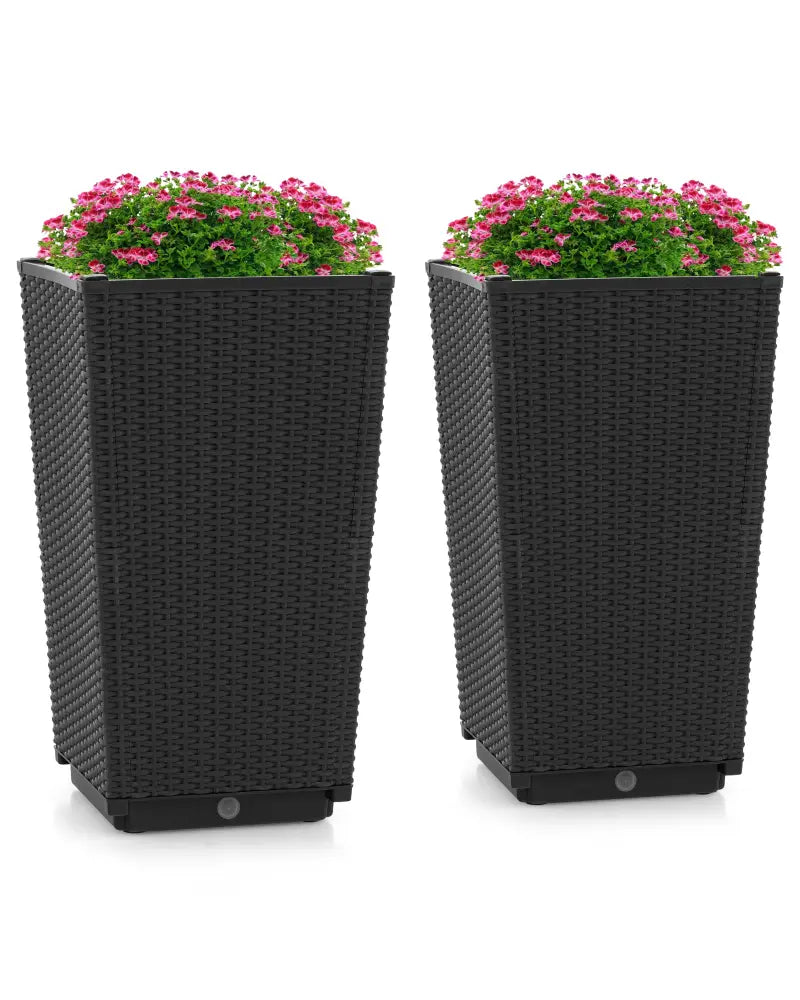 Outdoor Wicker Flower Pot Set of 2 with Drainage Hole for Porch Balcony - Black - Raised Garden Beds