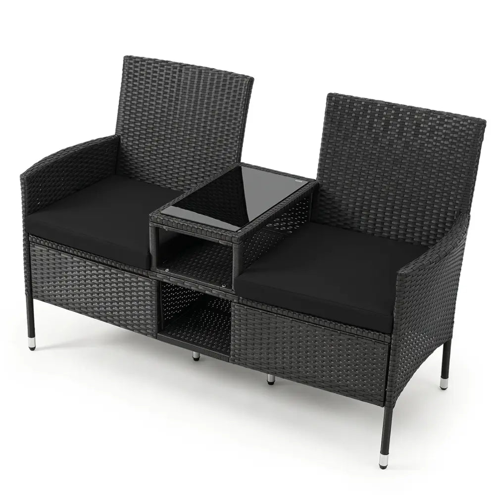 Outdoor Wicker Patio Loveseat with Built-in Glass Side Table-Black - Black - Patio Conversation Sets