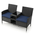 Outdoor Wicker Patio Loveseat with Built-in Glass Side Table-Navy - Navy - Patio Conversation Sets