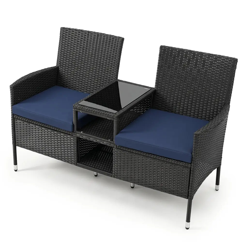 Outdoor Wicker Patio Loveseat with Built-in Glass Side Table-Navy - Navy - Patio Conversation Sets