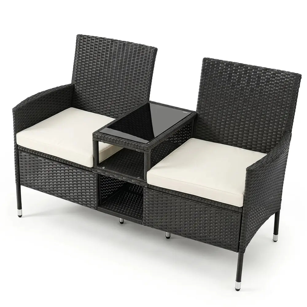 Outdoor Wicker Patio Loveseat with Built-in Glass Side Table-White - White - Patio Conversation Sets