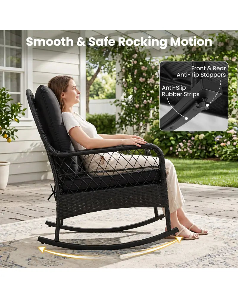 Outdoor Wicker Rocking Chair with Anti-Tip Stoppers and Thick Cushions for Porch-Black - Black - Patio Rocking Chairs &