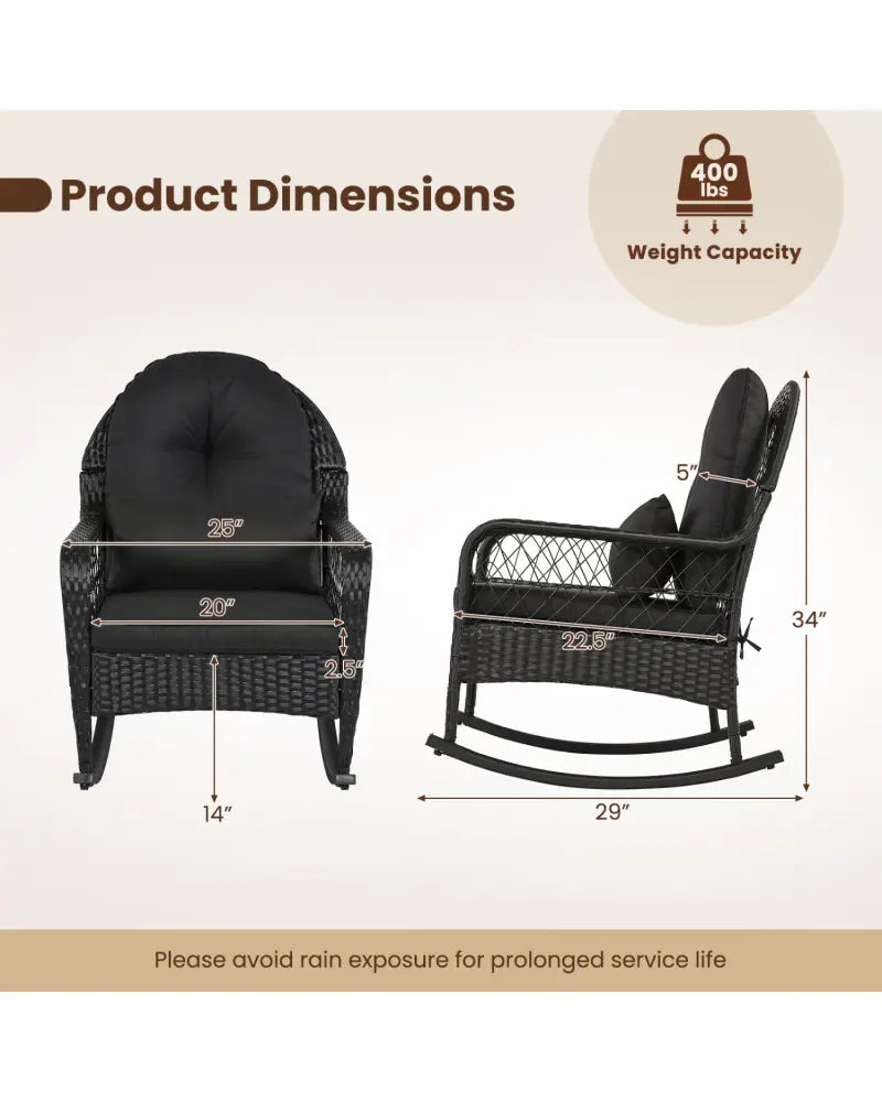 Outdoor Wicker Rocking Chair with Anti-Tip Stoppers and Thick Cushions for Porch-Black - Black - Patio Rocking Chairs &