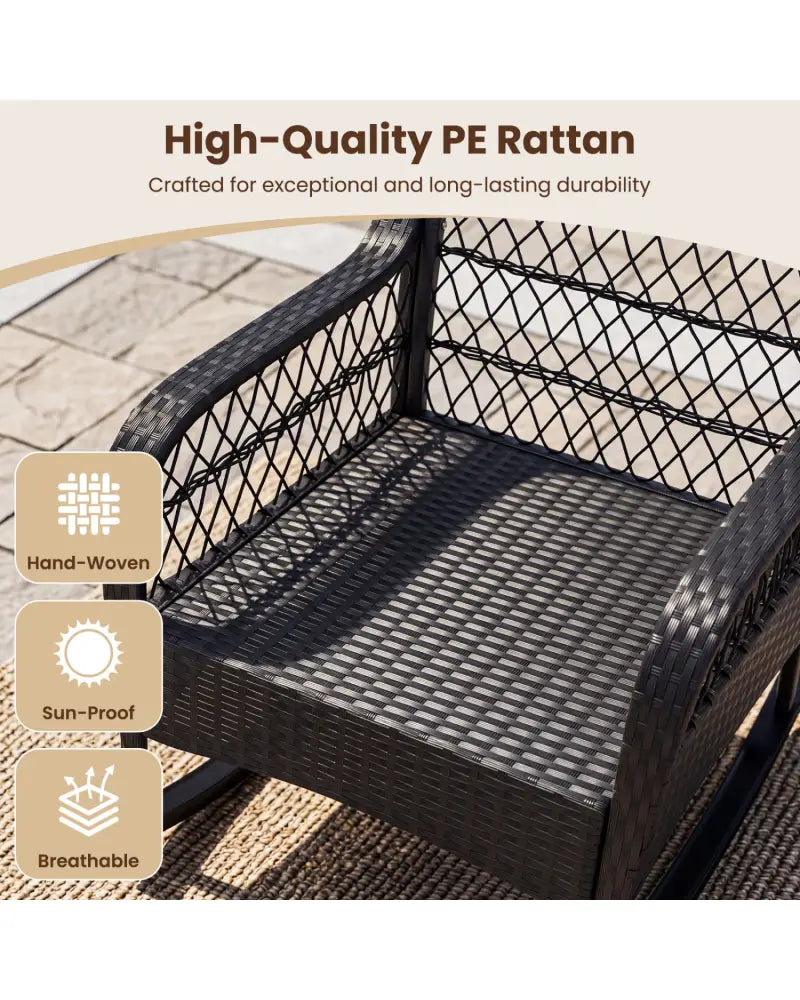 Outdoor Wicker Rocking Chair with Anti-Tip Stoppers and Thick Cushions for Porch-Black - Black - Patio Rocking Chairs &