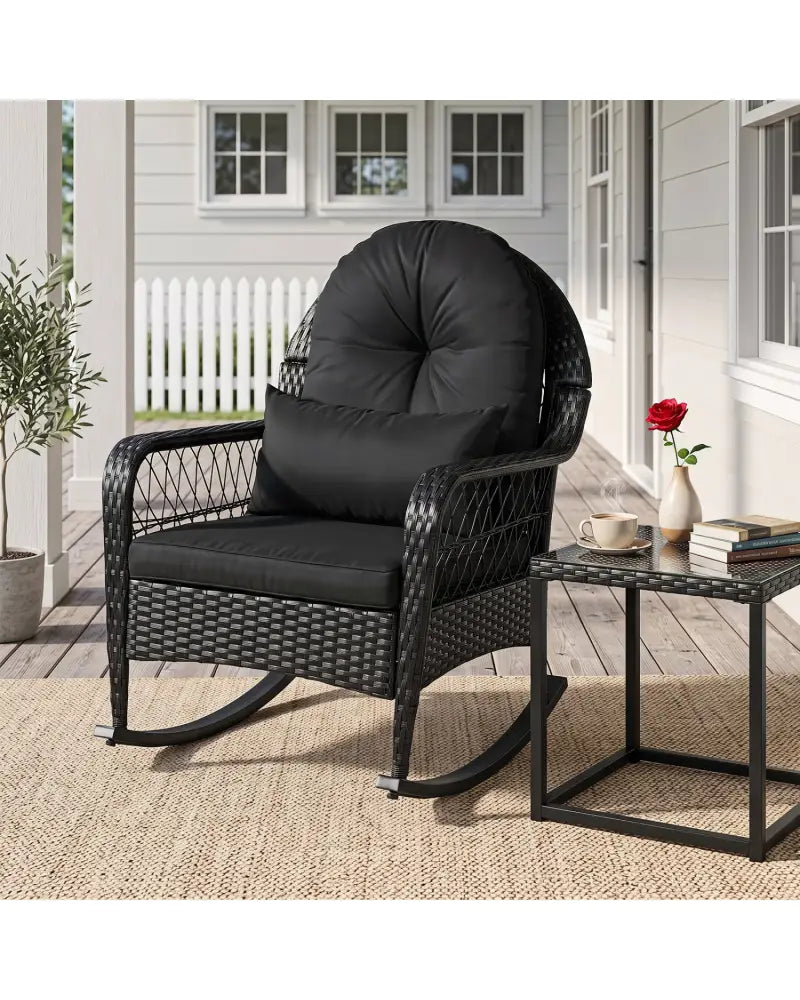 Outdoor Wicker Rocking Chair with Anti-Tip Stoppers and Thick Cushions for Porch-Black - Black - Patio Rocking Chairs &