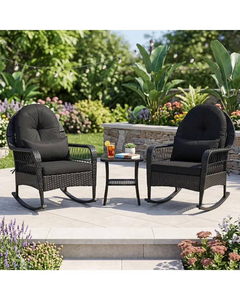 Outdoor Wicker Rocking Chair with Anti-Tip Stoppers and Thick Cushions for Porch-Black - Black - Patio Rocking Chairs &