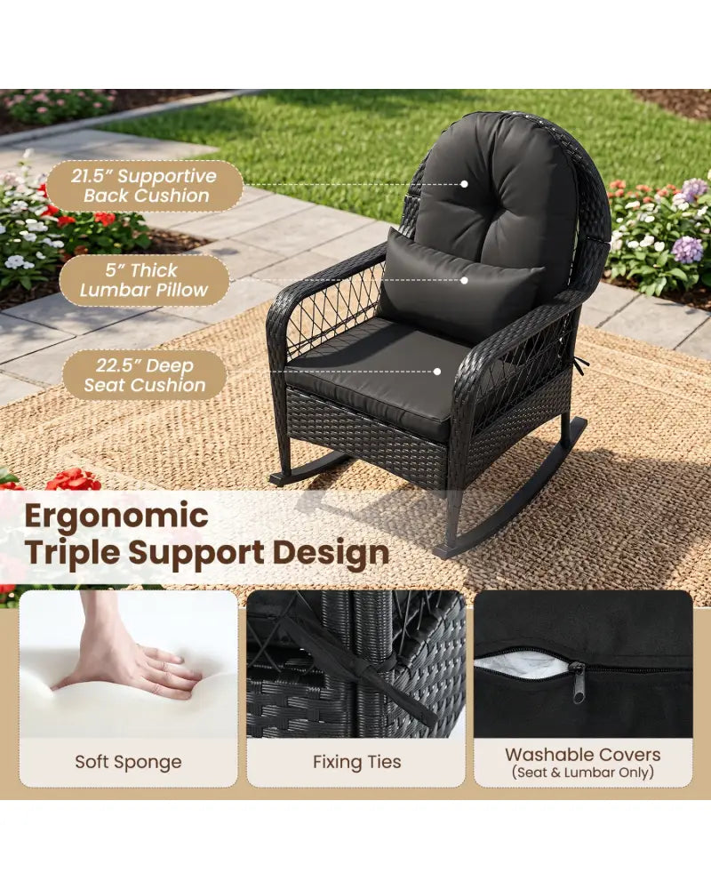 Outdoor Wicker Rocking Chair with Anti-Tip Stoppers and Thick Cushions for Porch-Black - Black - Patio Rocking Chairs &