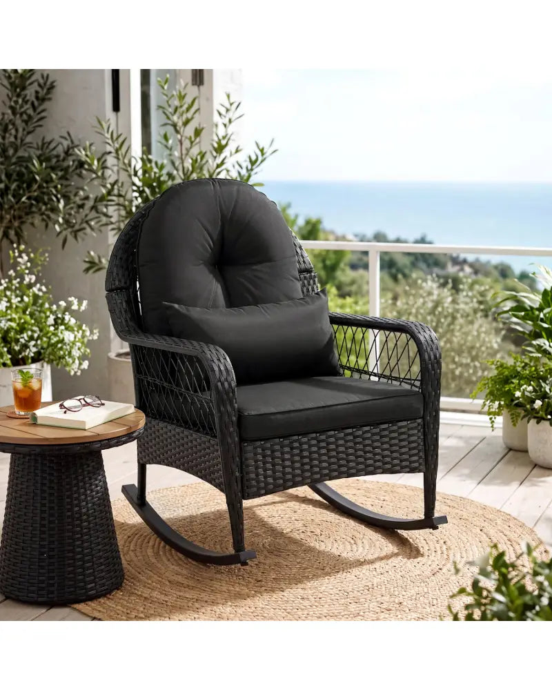 Outdoor Wicker Rocking Chair with Anti-Tip Stoppers and Thick Cushions for Porch-Black - Black - Patio Rocking Chairs &