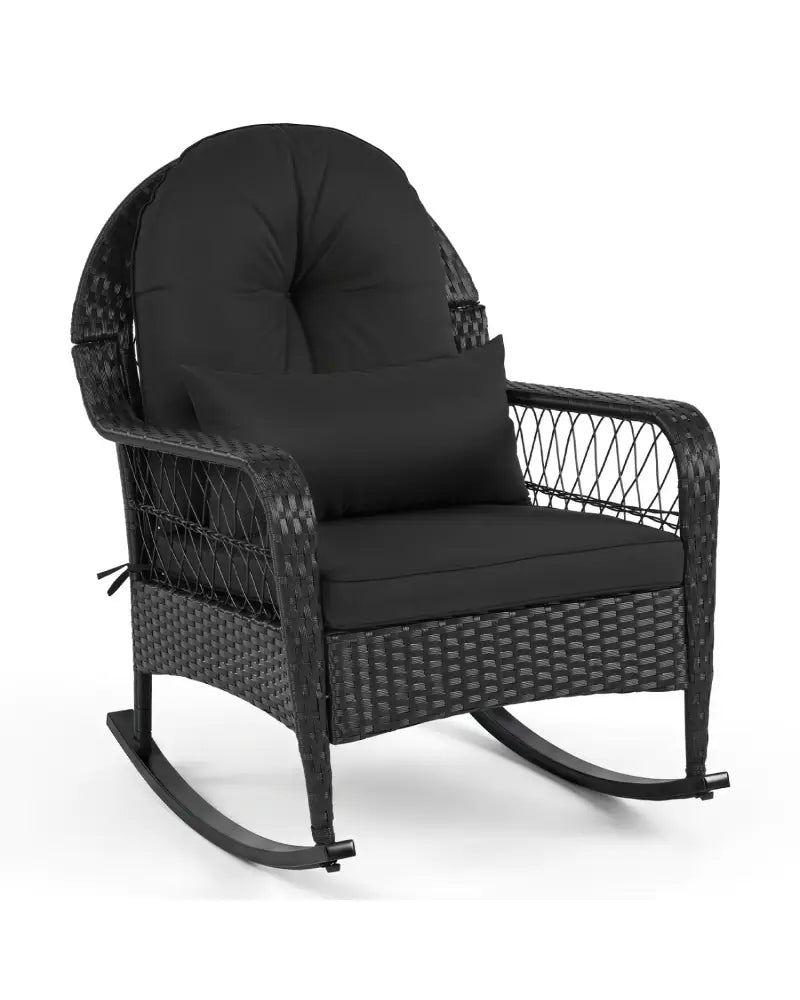 Outdoor Wicker Rocking Chair with Anti-Tip Stoppers and Thick Cushions for Porch-Black - Black - Patio Rocking Chairs &