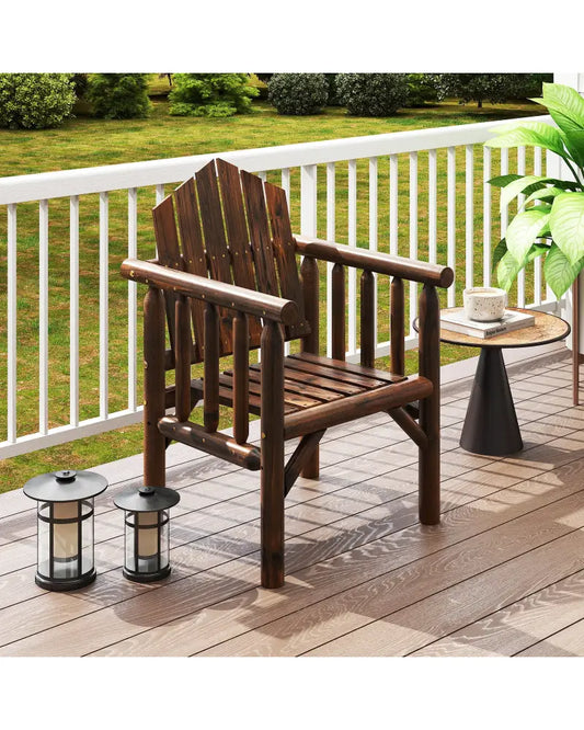 Outdoor Wood Armchair Wooden Patio Dining Chair with Armrests-Brown - Brown - Adirondack Chairs