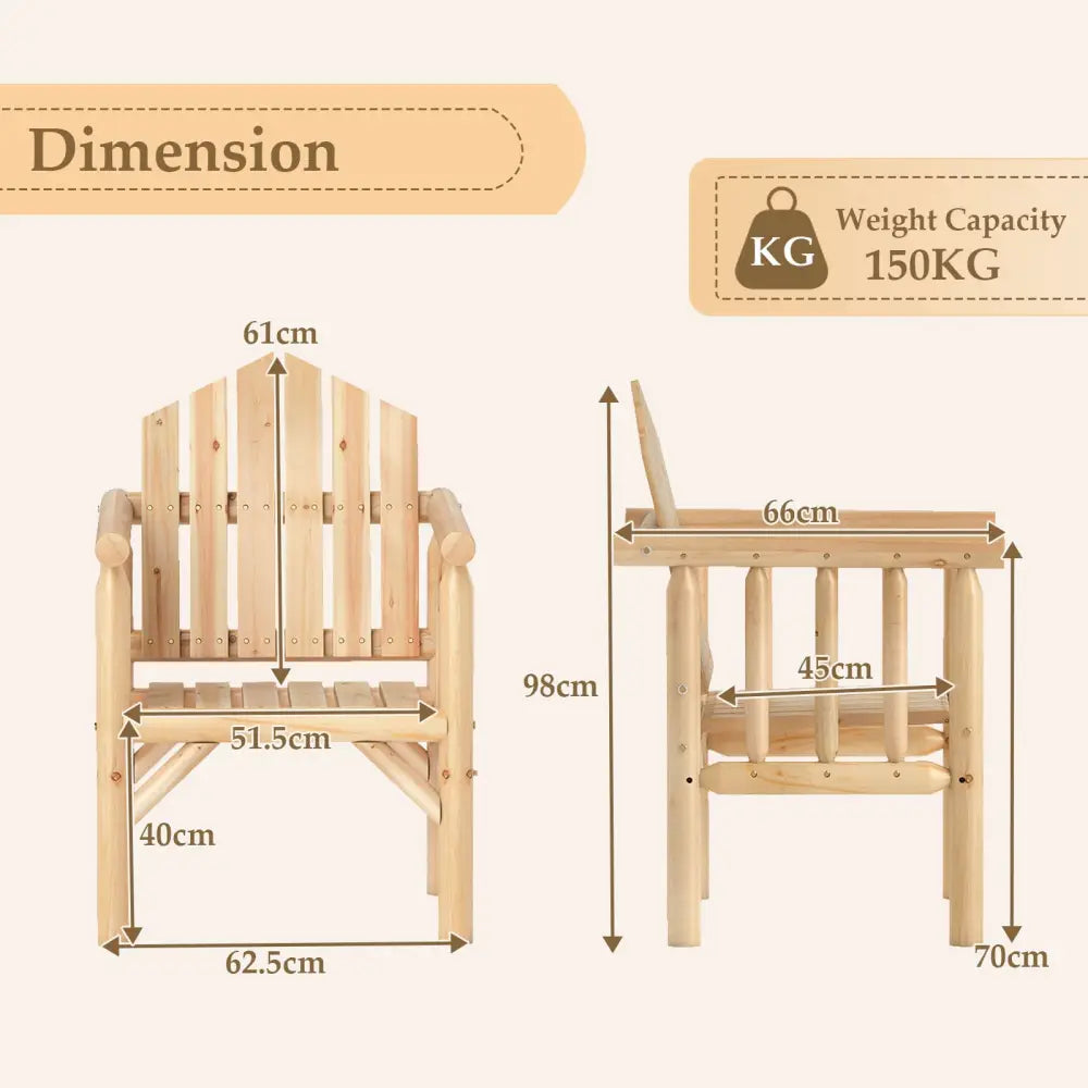 Outdoor Wood Armchair Wooden Patio Dining Chair with Armrests-Natural - Natural - Adirondack Chairs