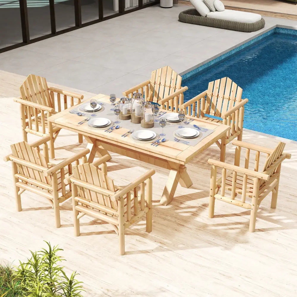 Outdoor Wood Armchair Wooden Patio Dining Chair with Armrests-Natural - Natural - Adirondack Chairs