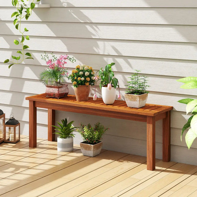 Outdoor Wood Bench 2-Person Backless Patio Garden Bench with Slatted Seat - Natural - Outdoor Benches