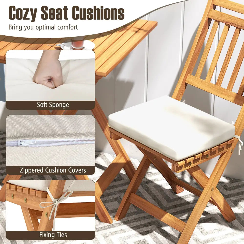 Outdoor Wood Bistro Set with Soft Seat Cushions and Table-White - White - Patio Conversation Sets