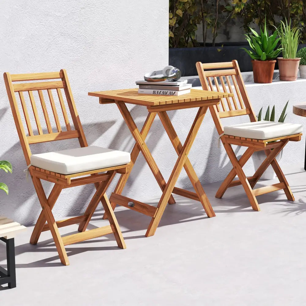 Outdoor Wood Bistro Set with Soft Seat Cushions and Table-White - White - Patio Conversation Sets