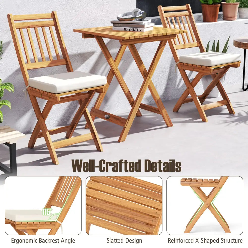 Outdoor Wood Bistro Set with Soft Seat Cushions and Table-White - White - Patio Conversation Sets