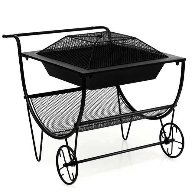 Outdoor Wood Burning Fire Pit with Log Storage Rack and Wheels - Black - Fire Pits