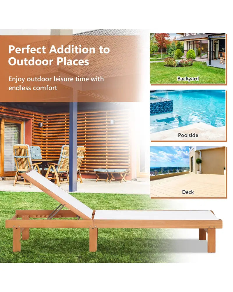 Outdoor Wood Chaise Lounge Chair with 5-Postion Adjustable Back - White - Outdoor Chaise Lounges