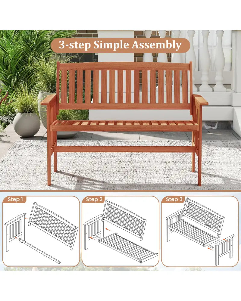 Outdoor Wood Garden Bench 2-Person Patio Park Bench with Backrest Armrests and Slatted Seat - Outdoor Benches