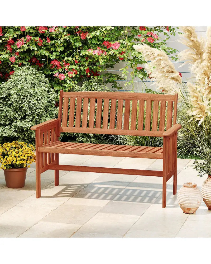 Outdoor Wood Garden Bench 2-Person Patio Park Bench with Backrest Armrests and Slatted Seat - Outdoor Benches