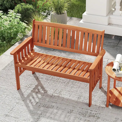 Outdoor Wood Garden Bench 2-Person Patio Park Bench with Backrest Armrests and Slatted Seat - Outdoor Benches