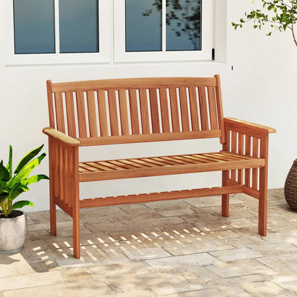 Outdoor Wood Garden Bench 2-Person Patio Park Bench with Backrest Armrests and Slatted Seat - Outdoor Benches