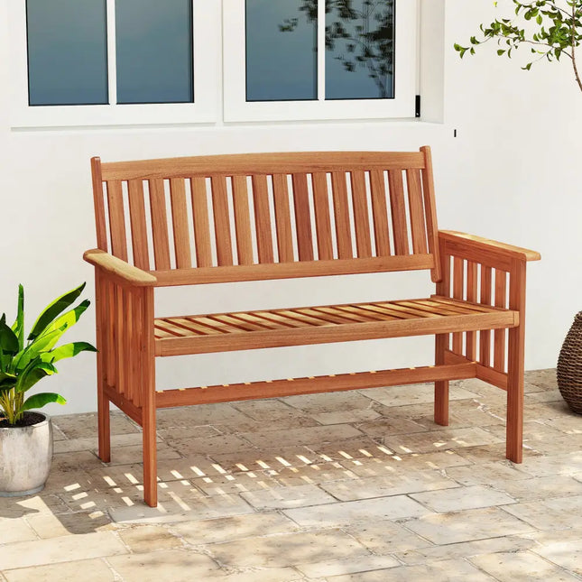 Outdoor Wood Garden Bench 2-Person Patio Park Bench with Backrest Armrests and Slatted Seat - Outdoor Benches