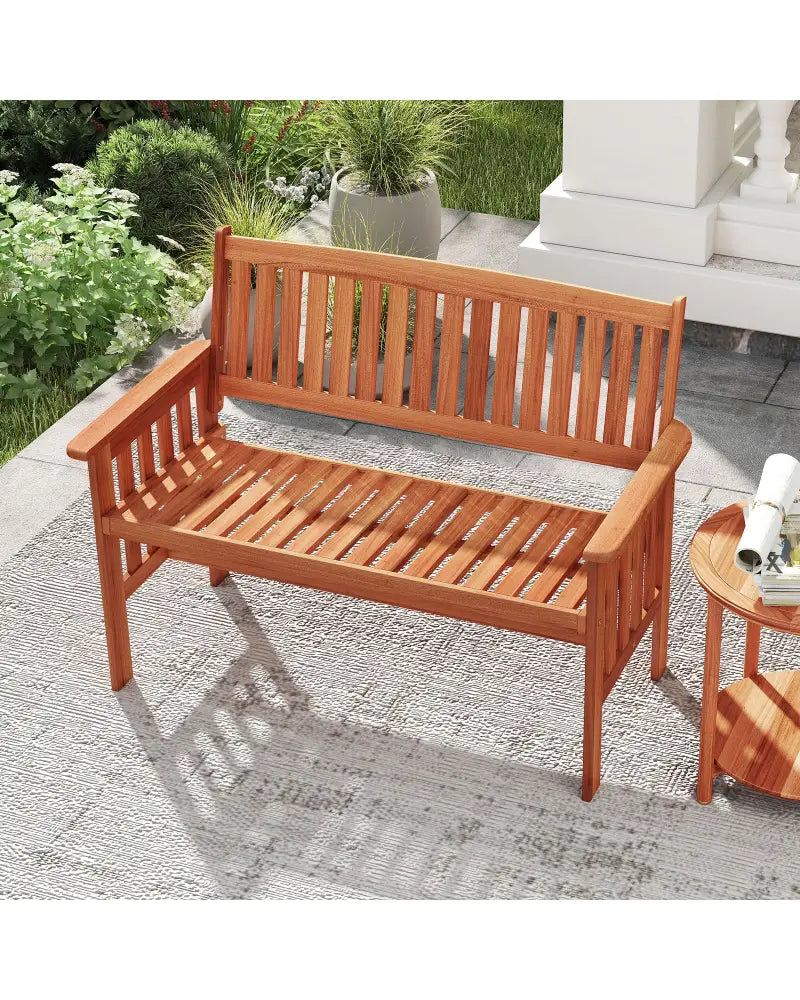 Outdoor Wood Garden Bench 2-Person Patio Park Bench with Backrest Armrests and Slatted Seat - Outdoor Benches
