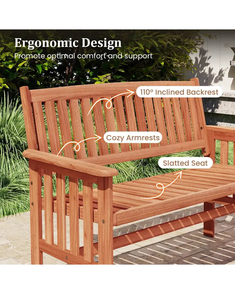 Outdoor Wood Garden Bench 2-Person Patio Park Bench with Backrest Armrests and Slatted Seat - Outdoor Benches