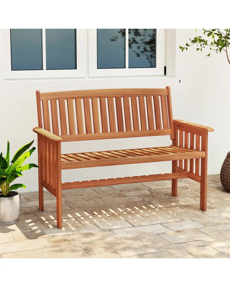 Outdoor Wood Garden Bench 2-Person Patio Park Bench with Backrest Armrests and Slatted Seat - Outdoor Benches
