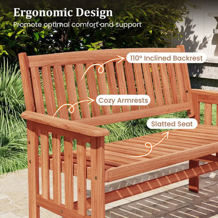 Outdoor Wood Garden Bench 2-Person Patio Park Bench with Backrest Armrests and Slatted Seat - Outdoor Benches