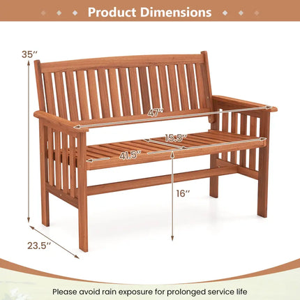 Outdoor Wood Garden Bench 2-Person Patio Park Bench with Backrest Armrests and Slatted Seat - Outdoor Benches