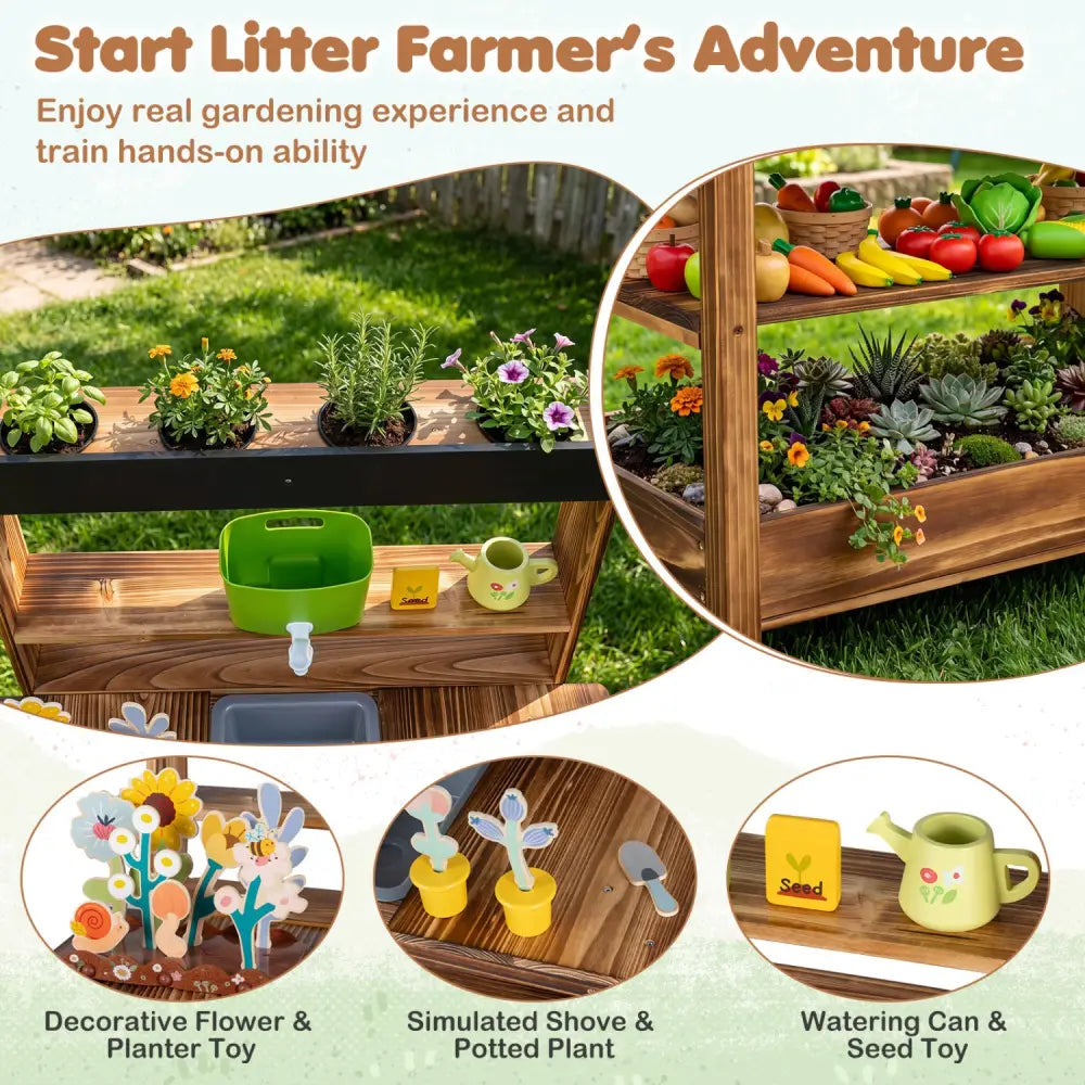 Outdoor Wood Mud Kitchen with Water Faucet and Planter for Kids Age 3+-Brown - Brown - Play Kitchen Sets