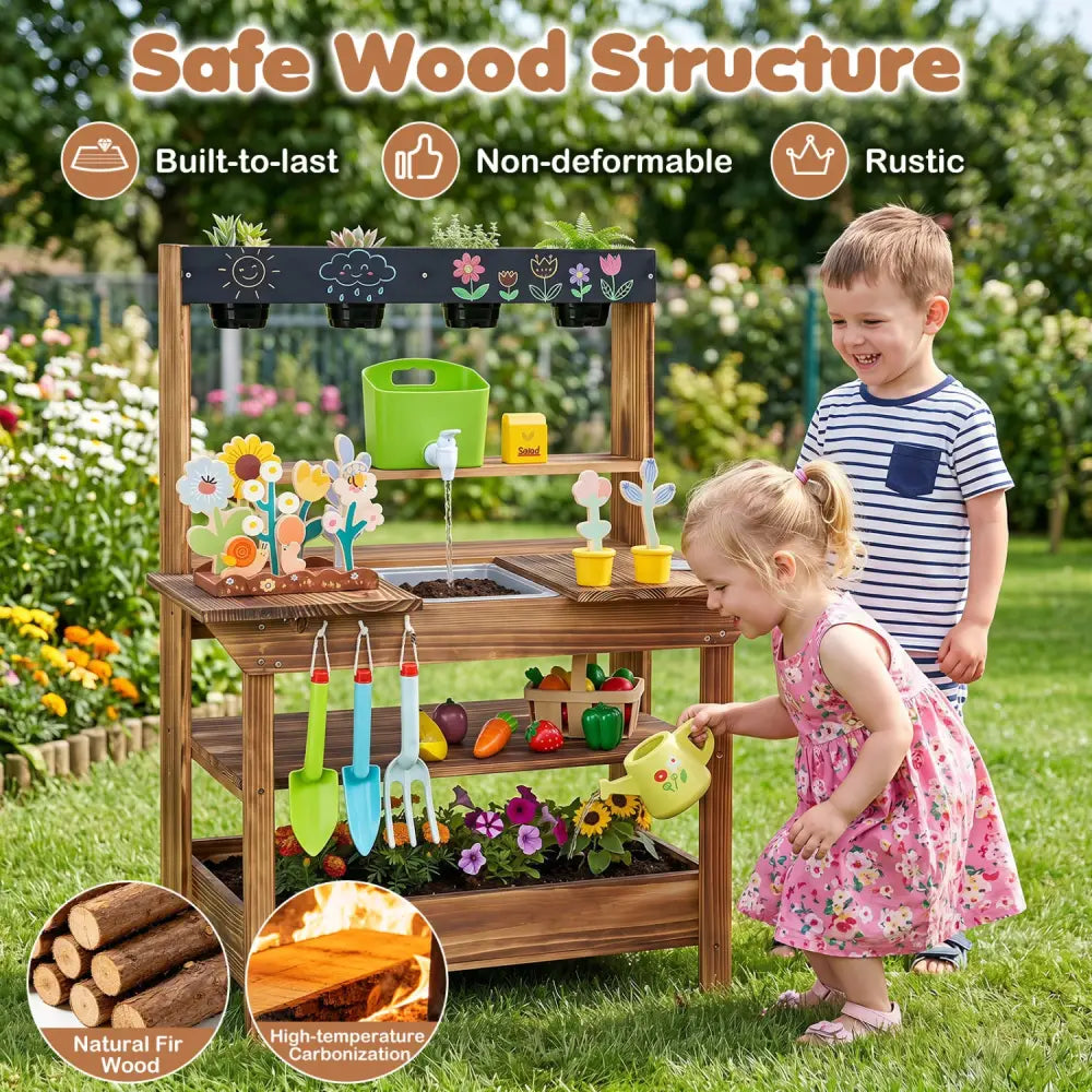 Outdoor Wood Mud Kitchen with Water Faucet and Planter for Kids Age 3+-Brown - Brown - Play Kitchen Sets