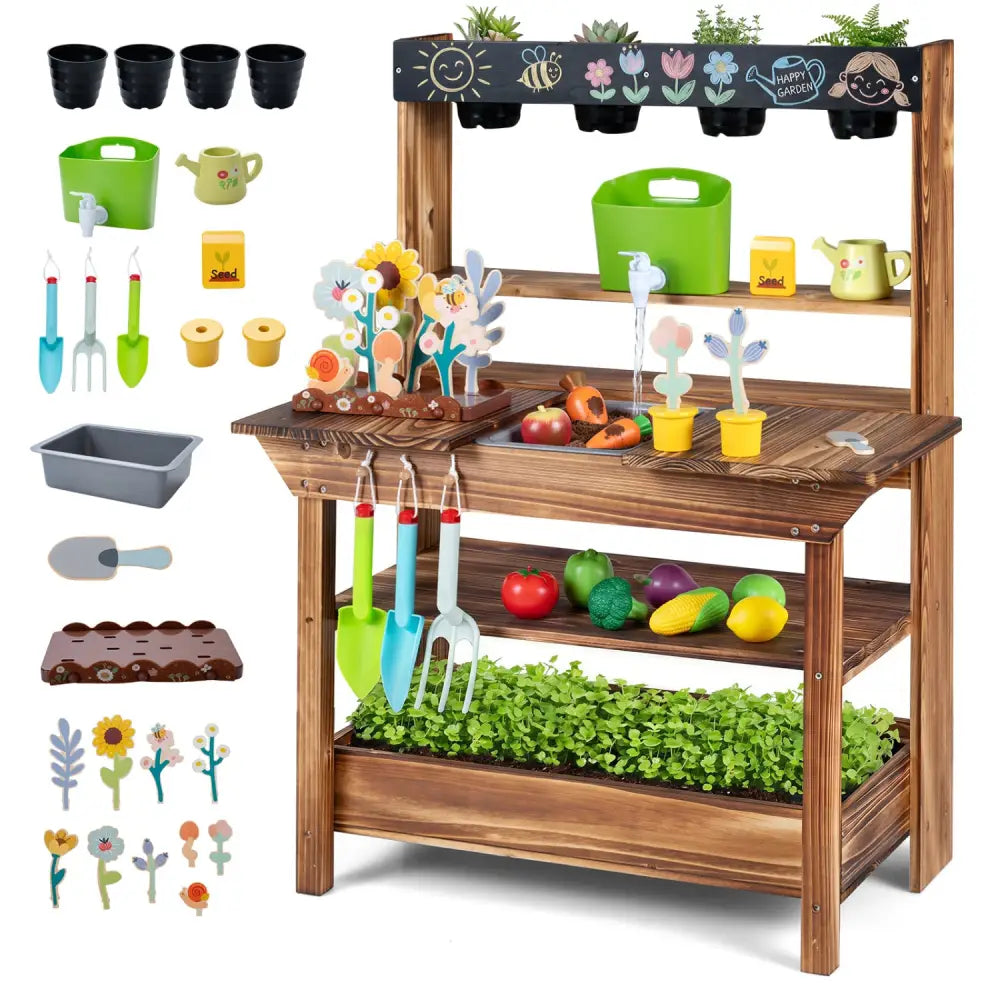 Outdoor Wood Mud Kitchen with Water Faucet and Planter for Kids Age 3+-Brown - Brown - Play Kitchen Sets