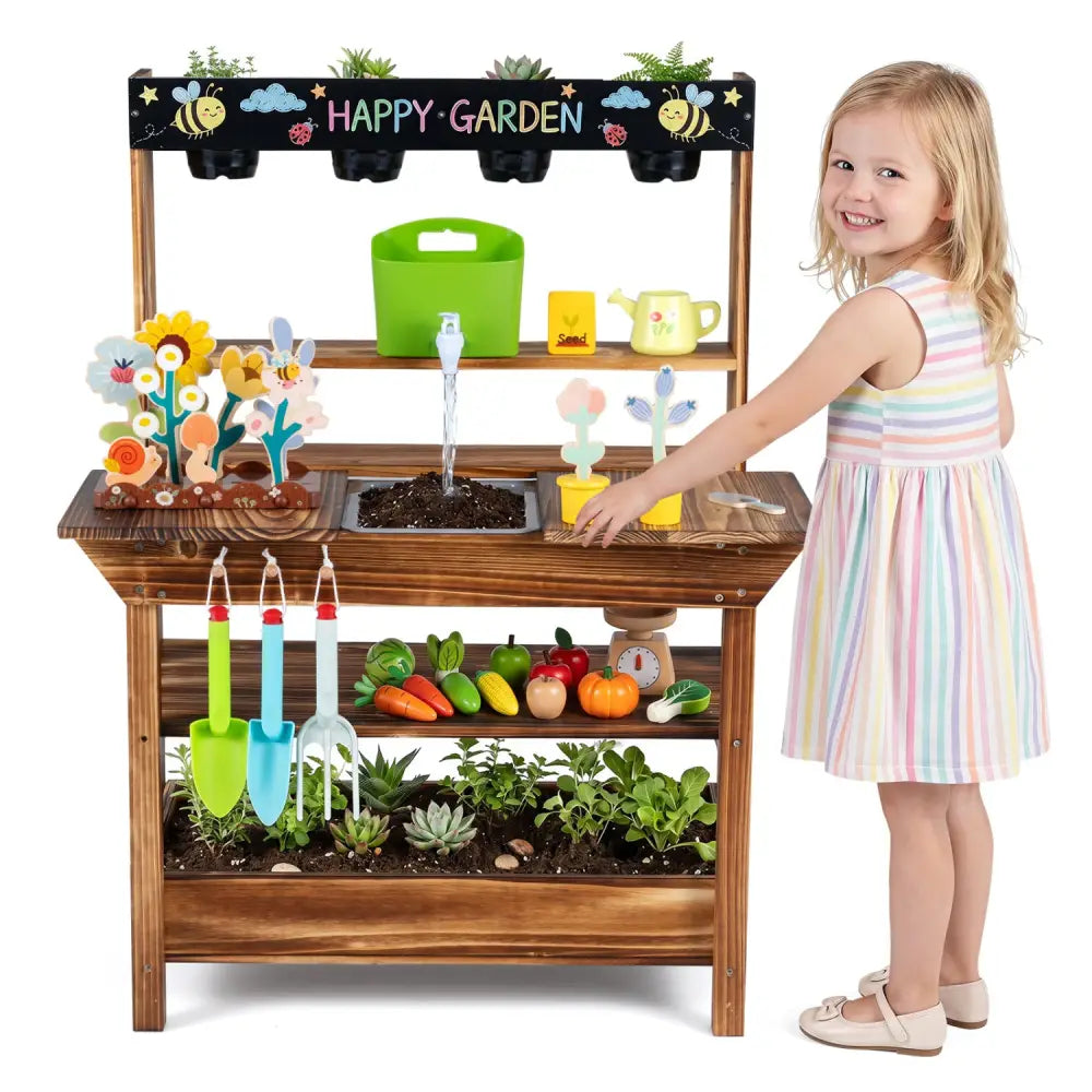 Outdoor Wood Mud Kitchen with Water Faucet and Planter for Kids Age 3+-Brown - Brown - Play Kitchen Sets
