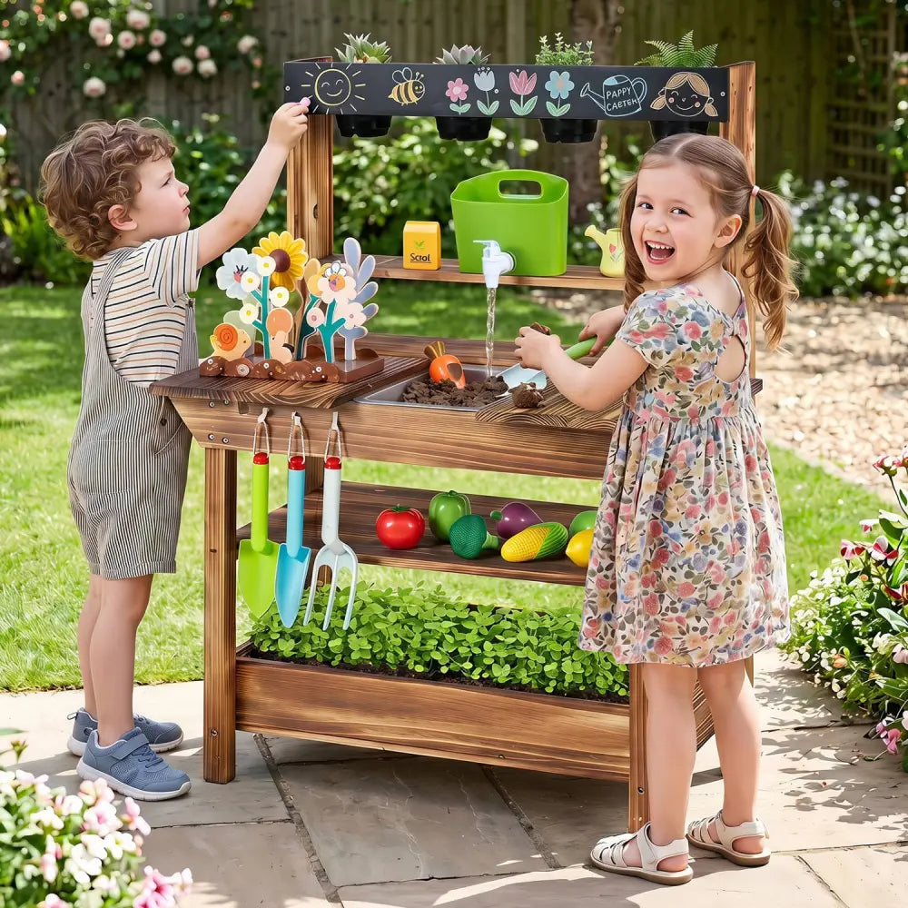Outdoor Wood Mud Kitchen with Water Faucet and Planter for Kids Age 3+-Brown - Brown - Play Kitchen Sets