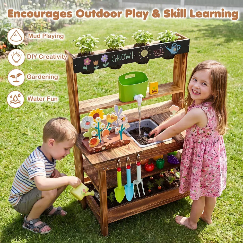 Outdoor Wood Mud Kitchen with Water Faucet and Planter for Kids Age 3+-Brown - Brown - Play Kitchen Sets