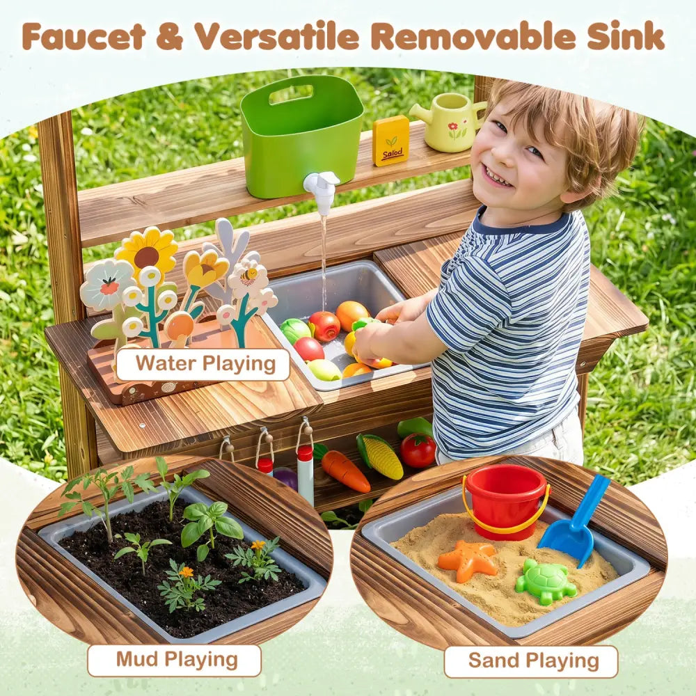 Outdoor Wood Mud Kitchen with Water Faucet and Planter for Kids Age 3+-Brown - Brown - Play Kitchen Sets