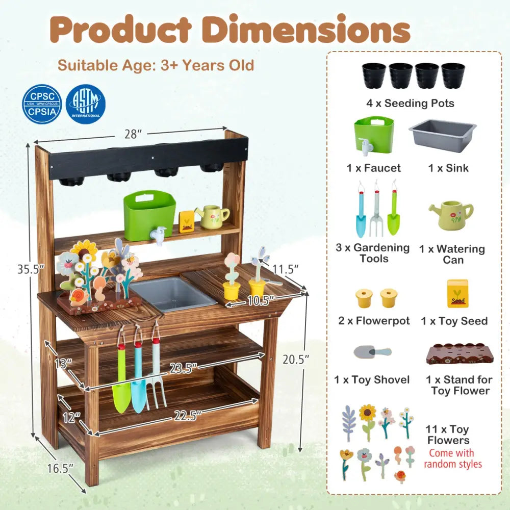 Outdoor Wood Mud Kitchen with Water Faucet and Planter for Kids Age 3+-Brown - Brown - Play Kitchen Sets