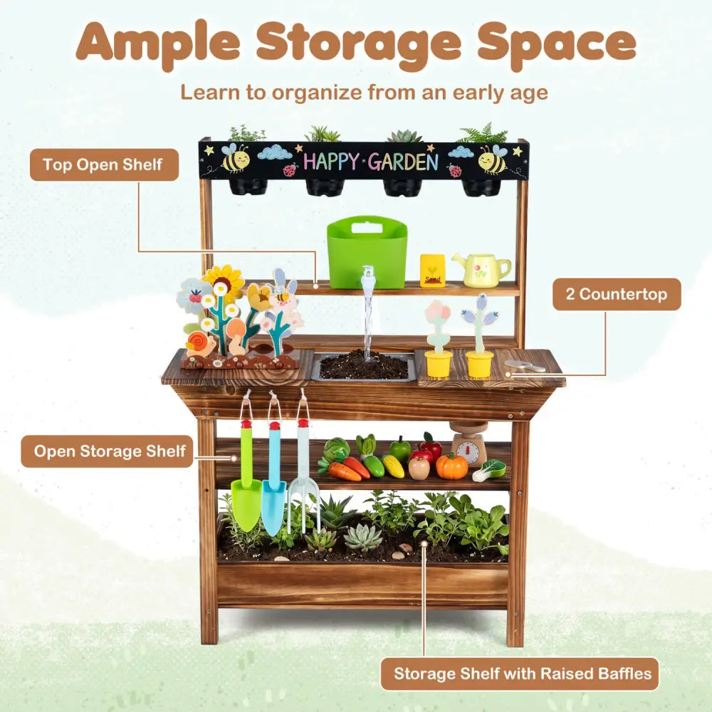 Outdoor Wood Mud Kitchen with Water Faucet and Planter for Kids Age 3+-Brown - Brown - Play Kitchen Sets