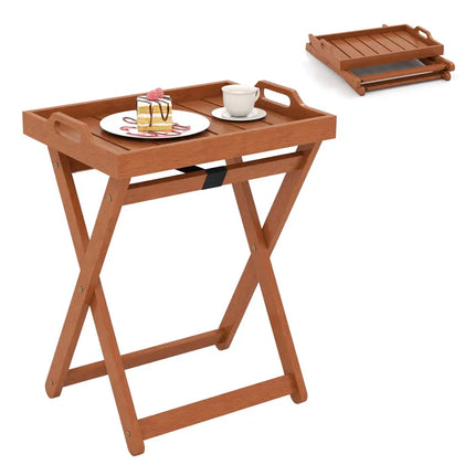 Outdoor Wood Tray Table Portable Side End Table with Folding Frame - Patio Coffee Tables