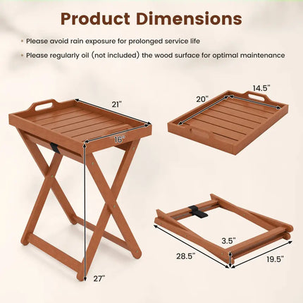 Outdoor Wood Tray Table Portable Side End Table with Folding Frame - Patio Coffee Tables
