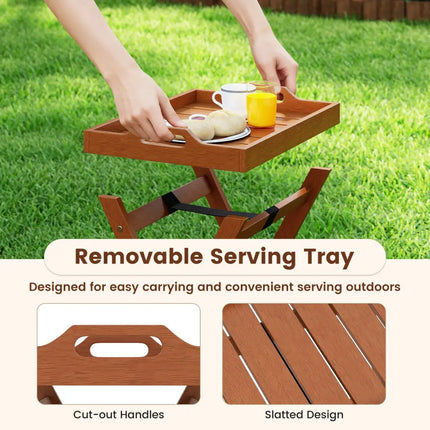 Outdoor Wood Tray Table Portable Side End Table with Folding Frame - Patio Coffee Tables