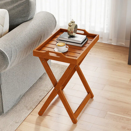 Outdoor Wood Tray Table Portable Side End Table with Folding Frame - Patio Coffee Tables