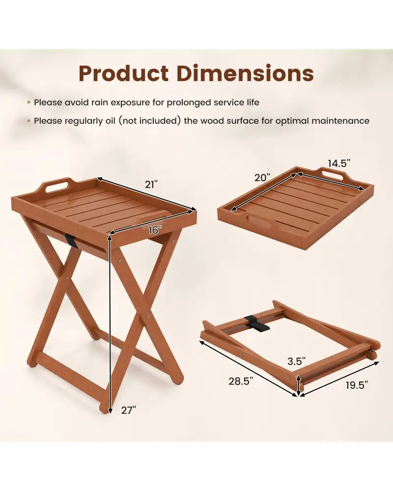Outdoor Wood Tray Table Portable Side End Table with Folding Frame - Patio Coffee Tables