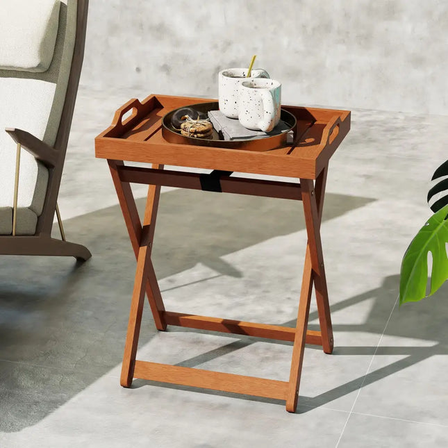 Outdoor Wood Tray Table Portable Side End Table with Folding Frame - Patio Coffee Tables